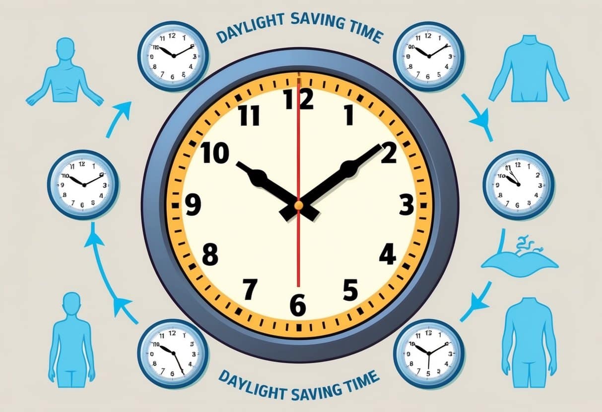 A clock showing two different times, one with daylight and one without, surrounded by symbols representing the effects of Daylight Saving Time on the body