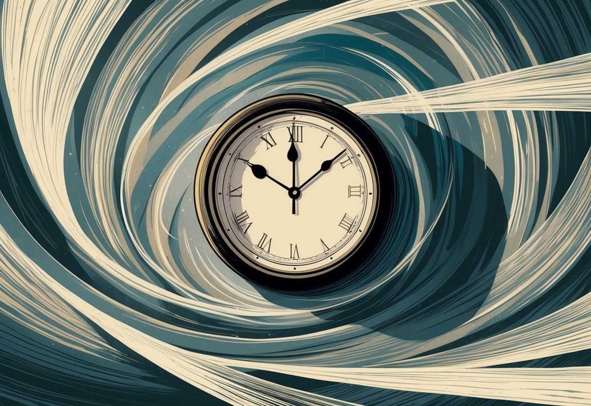 A clock surrounded by swirling beams of light, casting long shadows. A sense of disorientation and fatigue is evident in the atmosphere