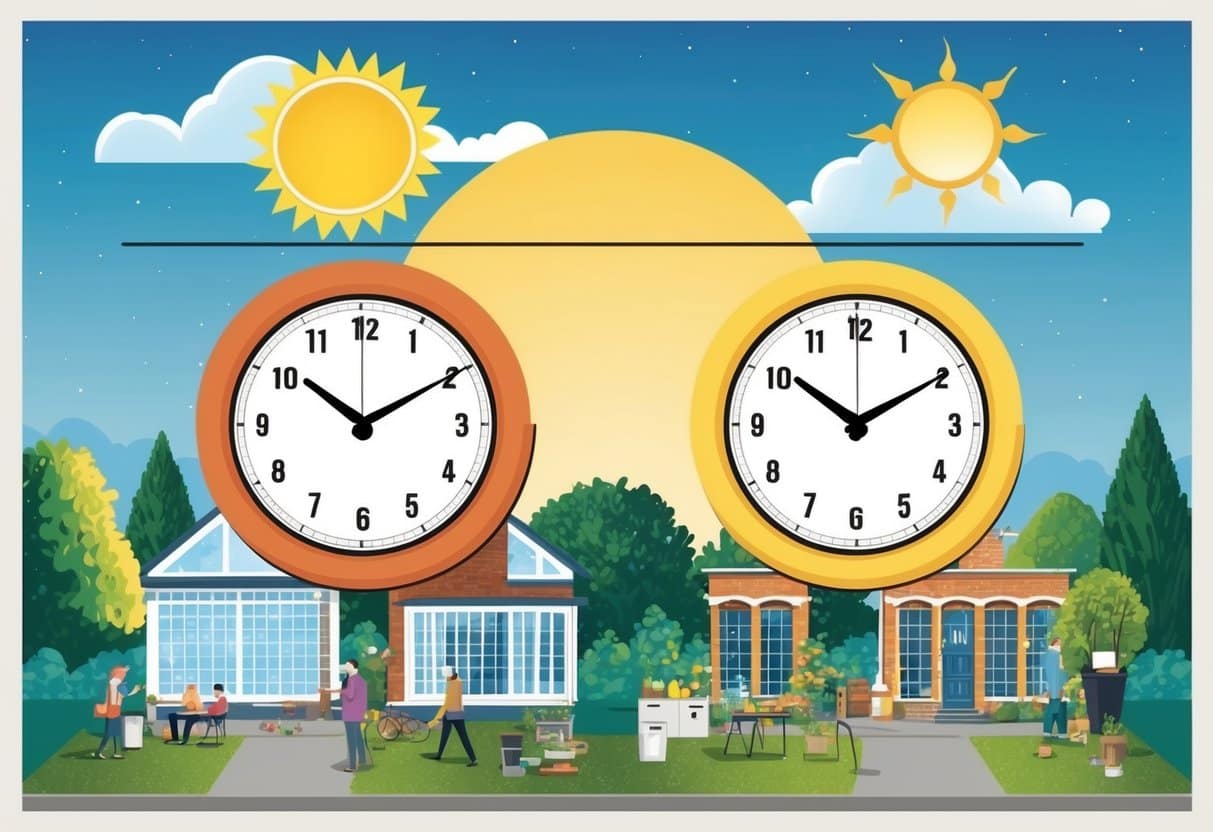 A clock showing two different times, one with daylight and one without. The sun rising and setting at different times. Various activities happening at unusual hours