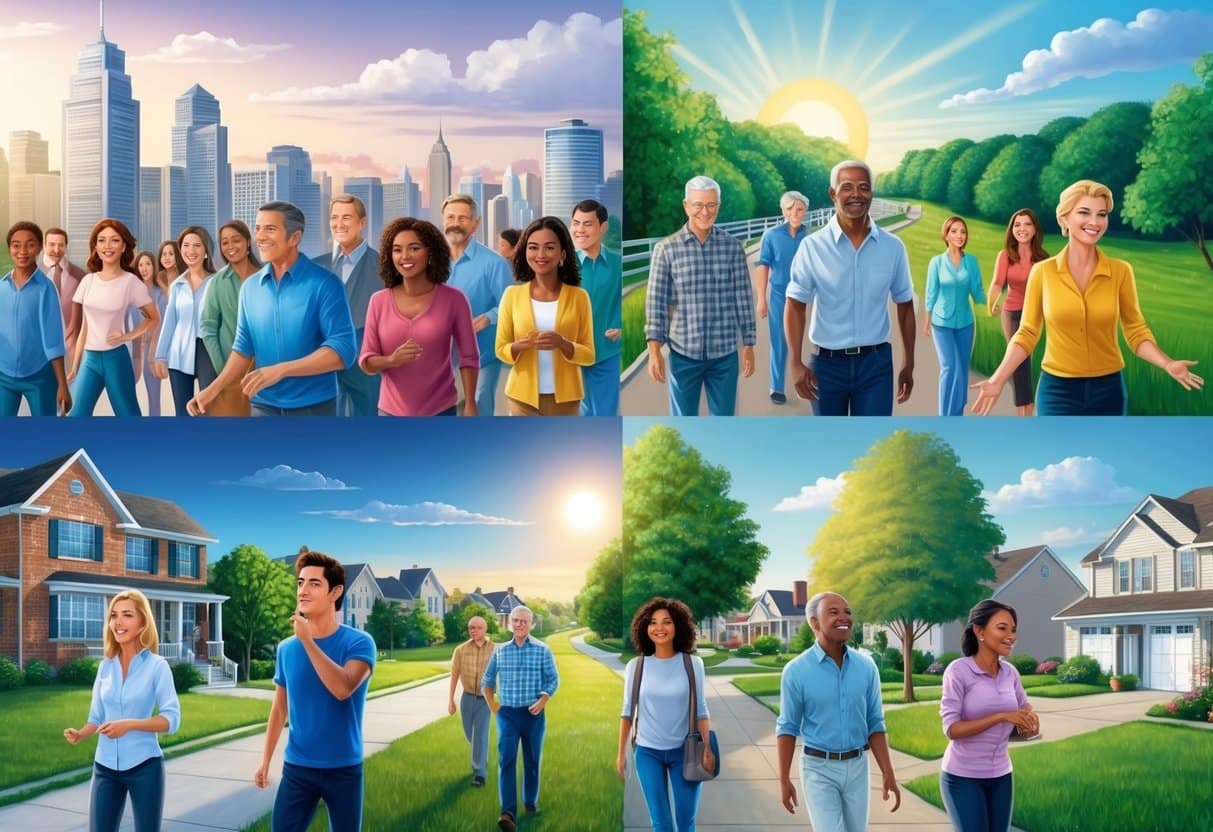 A diverse group of people in various settings, such as a bustling city, a quiet rural area, and a suburban neighborhood, each reacting differently to the changing daylight