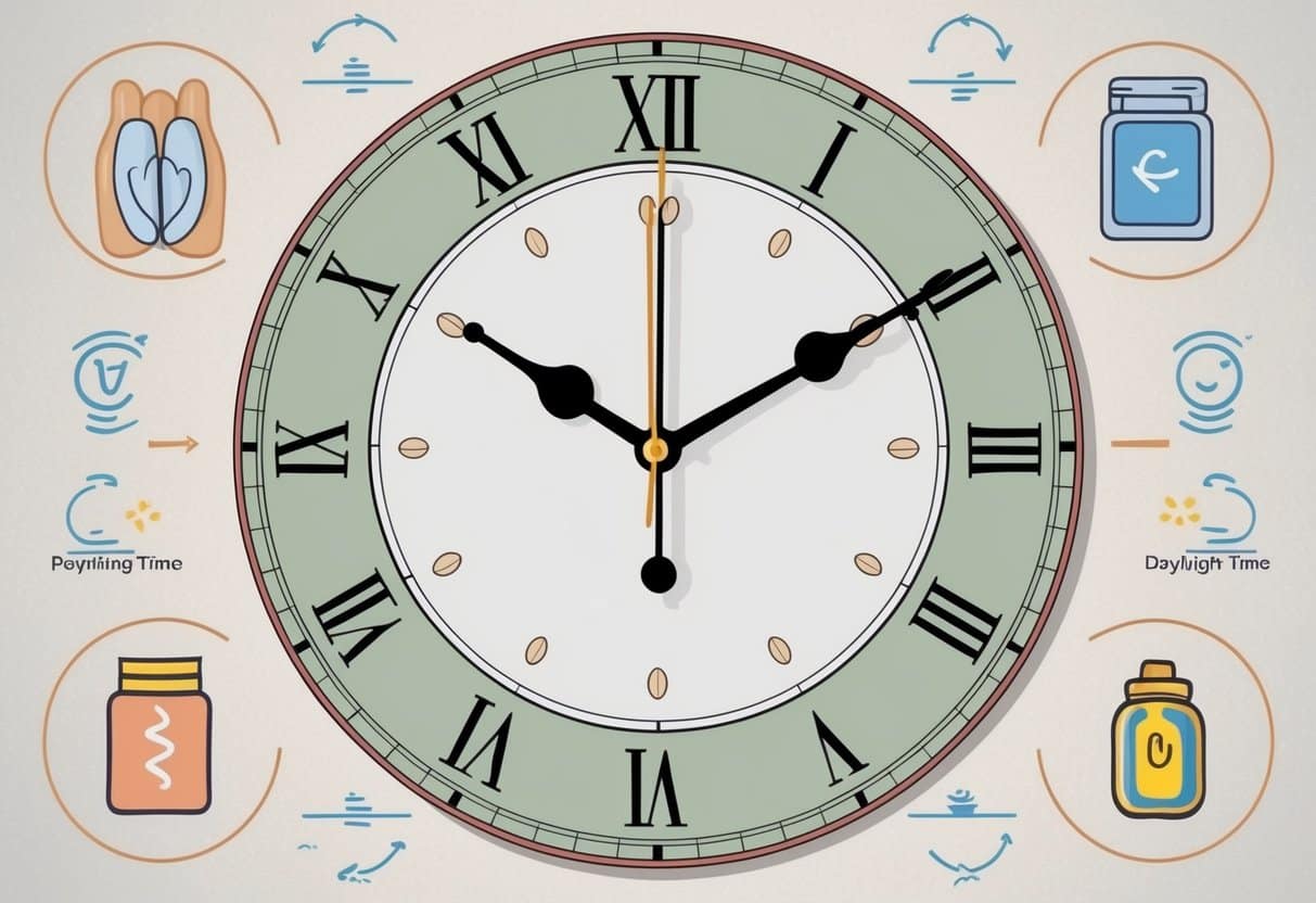 A clock face with hands pointing to different times, surrounded by symbols representing the body's reaction to daylight saving time