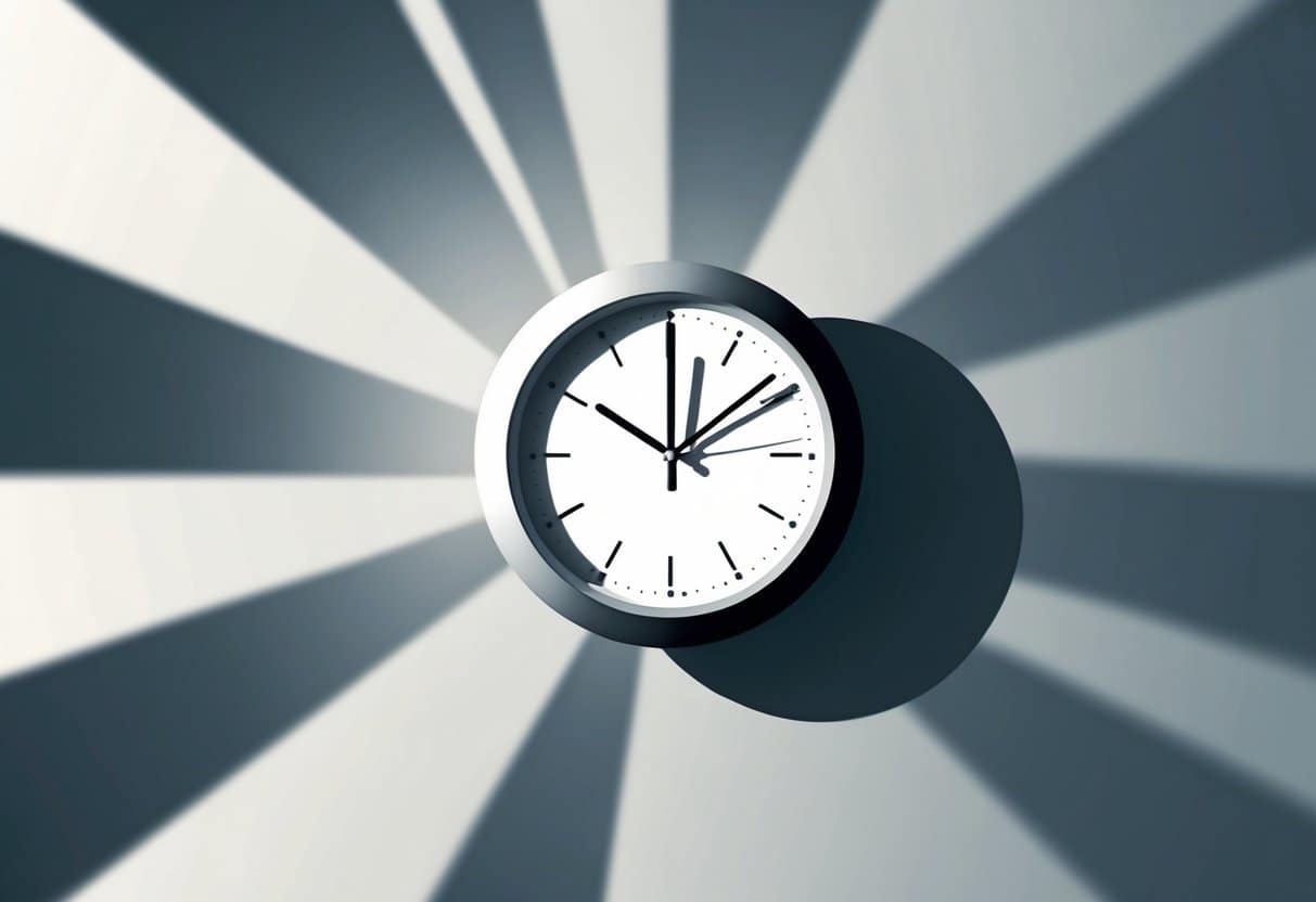 A clock surrounded by swirling rays of light, casting long shadows on a wall. The hands of the clock appear to be moving in opposite directions