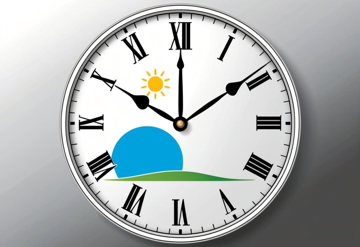 A clock face with the hour hand moving forward and the sun rising or setting, showing the transition of time for daylight saving