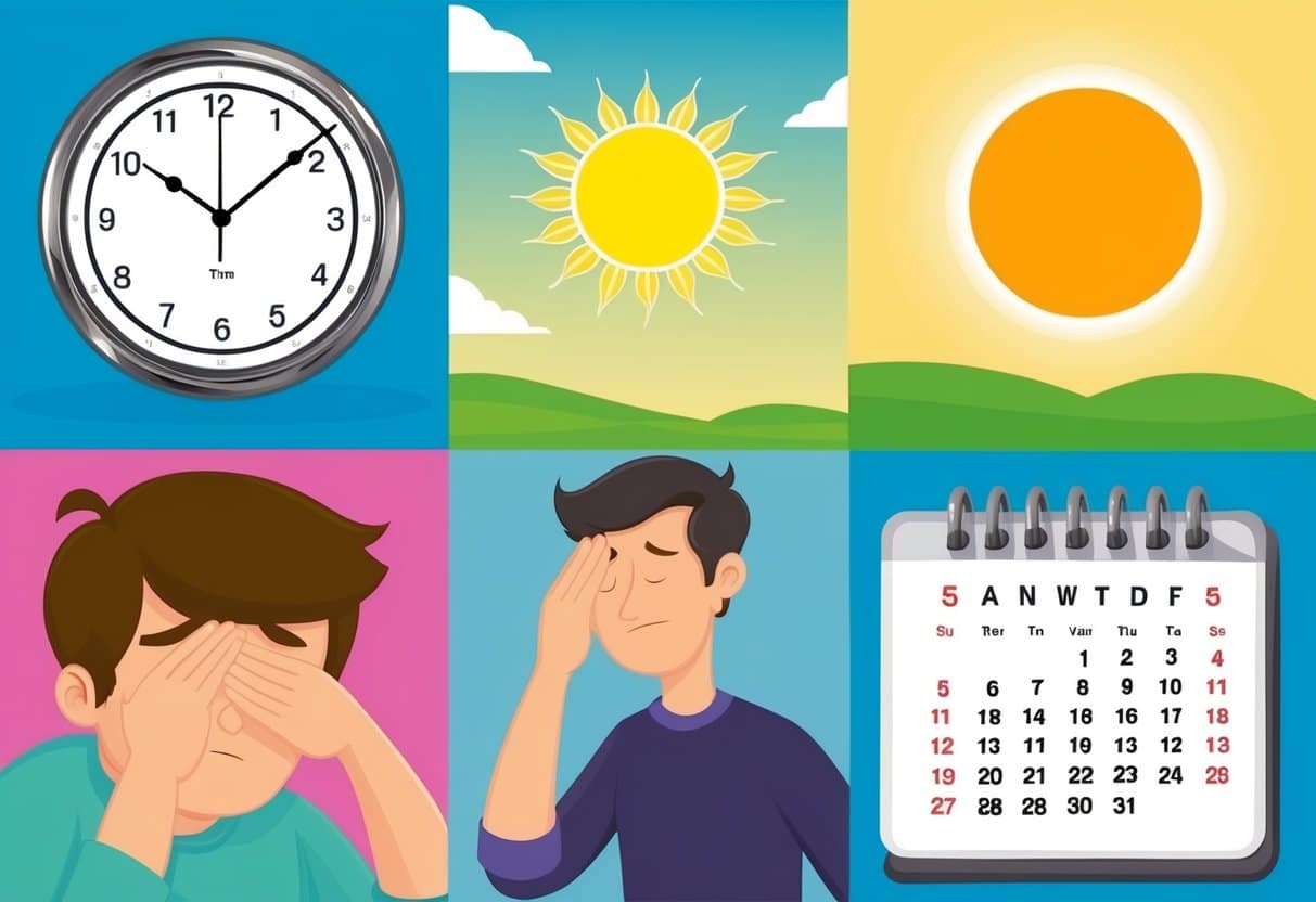 A clock showing two different times, a person yawning, a bright sun rising or setting, a tired person rubbing their eyes, a calendar with the date changing