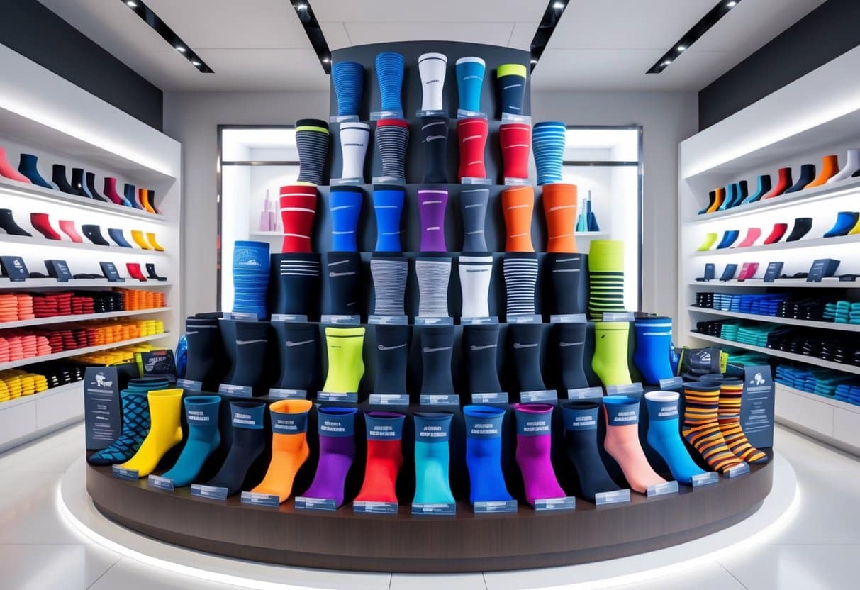 A colorful array of compression socks arranged in a neat display, with various patterns and sizes, surrounded by a modern and clean retail environment