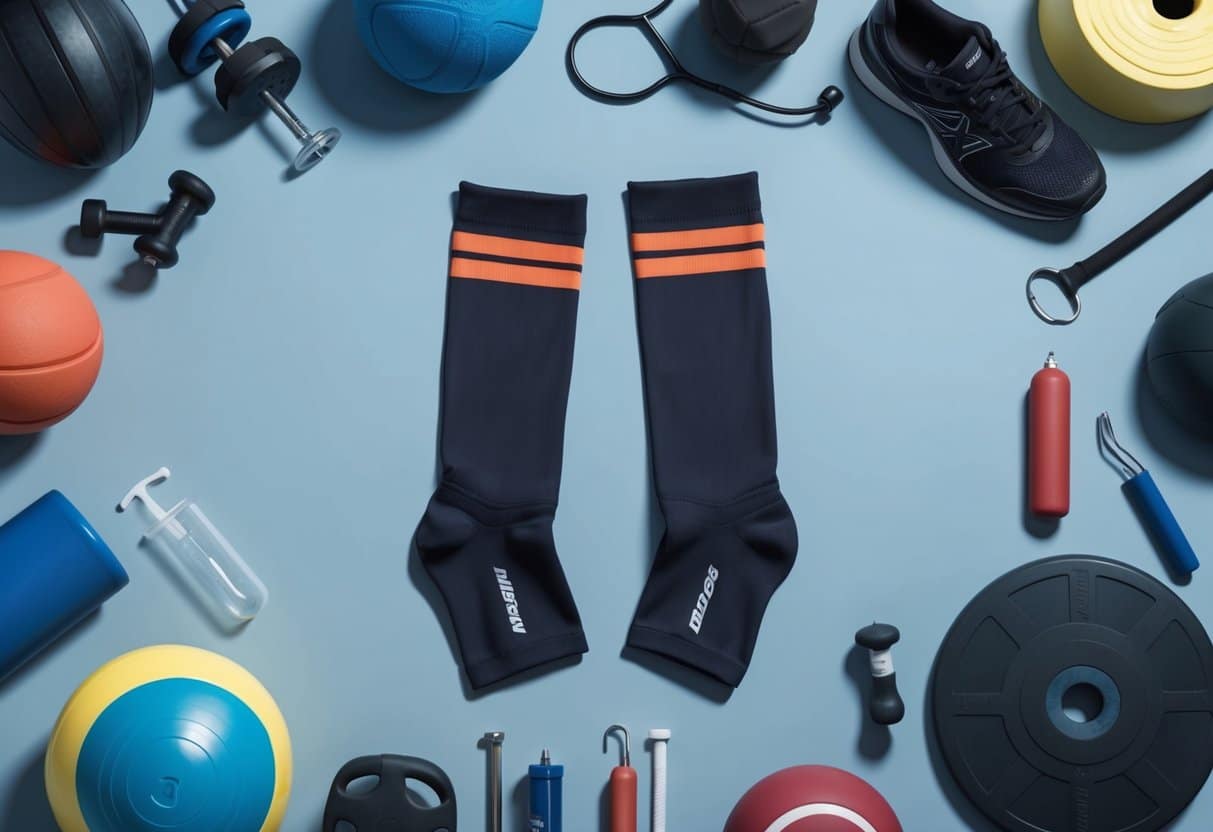 A pair of compression socks laid out on a flat surface, surrounded by various athletic and medical equipment