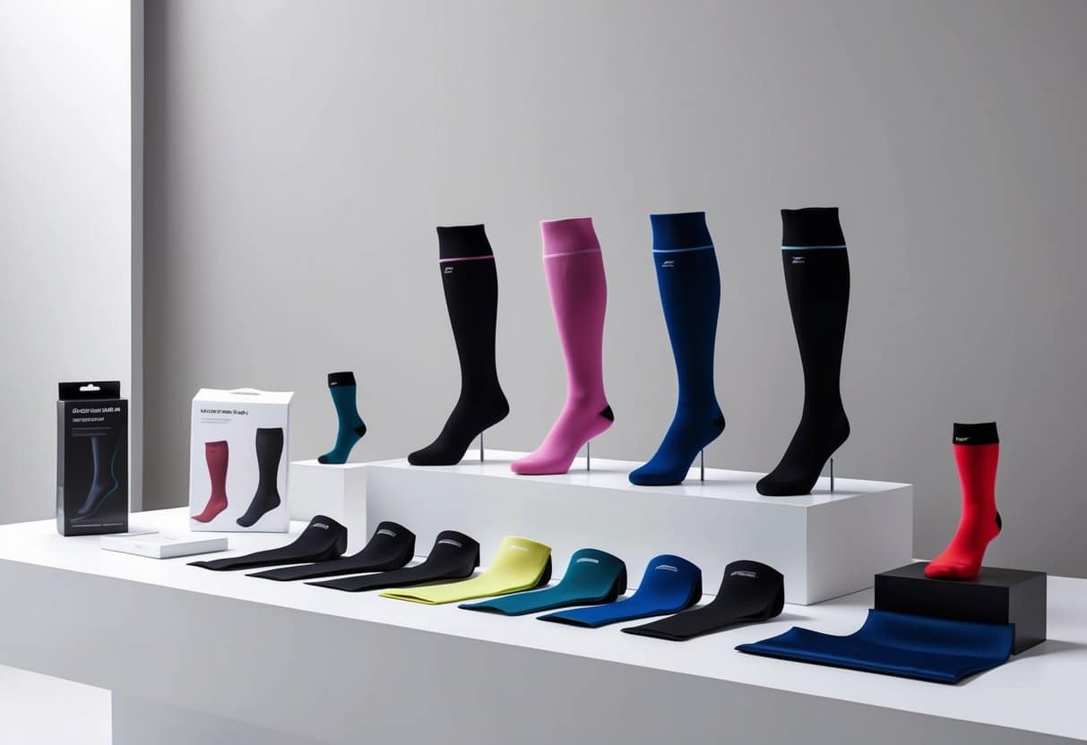 A colorful array of compression socks arranged in a modern, minimalist display with sleek packaging and high-tech fabric samples