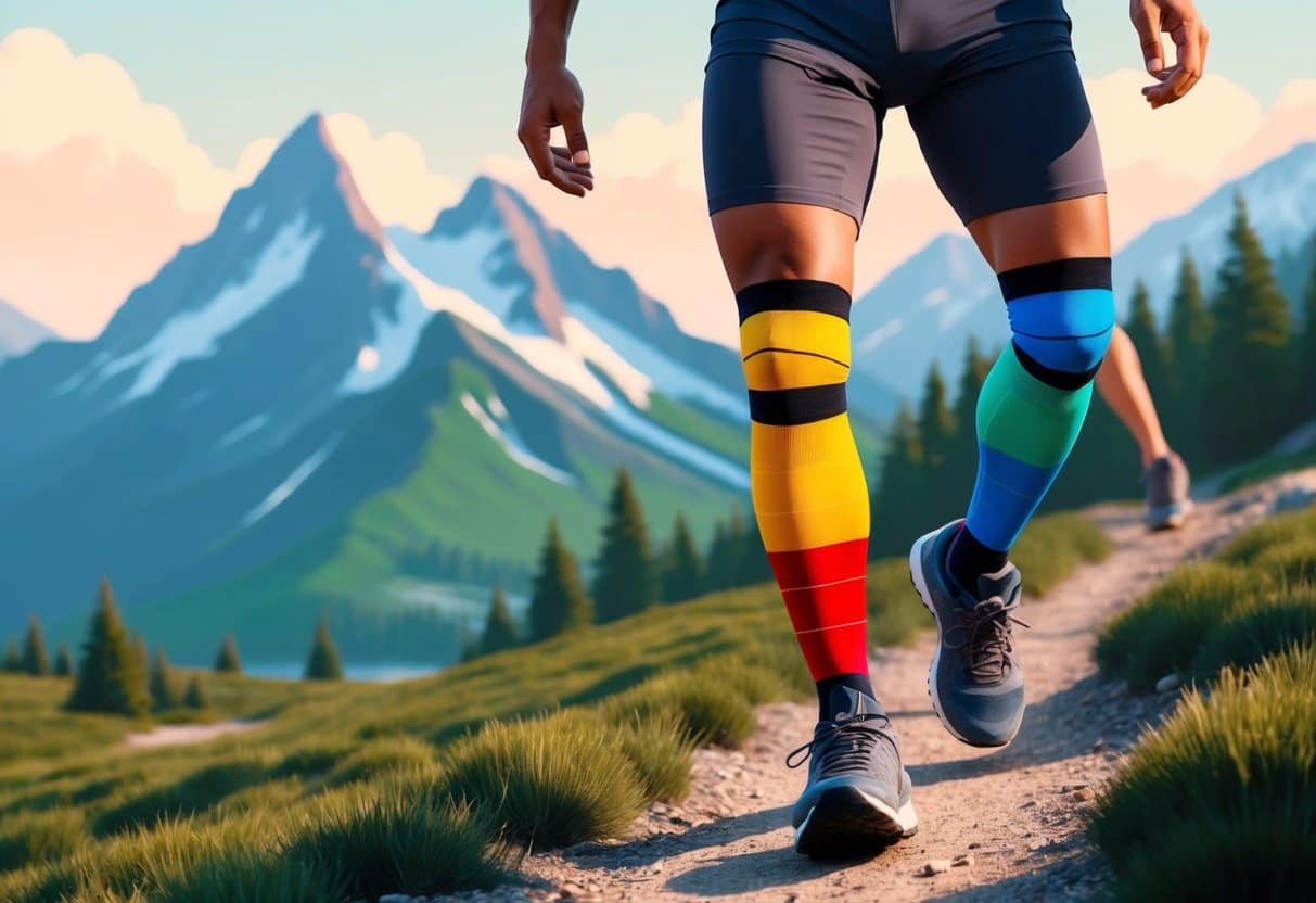 A person wearing colorful compression socks while walking on a scenic trail with mountains in the background