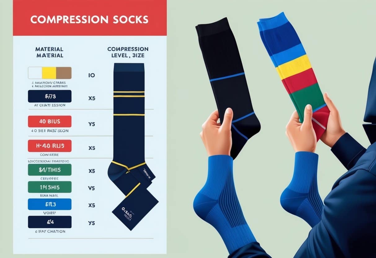 A person holding a variety of compression socks while looking at a chart comparing features such as material, compression level, and size options