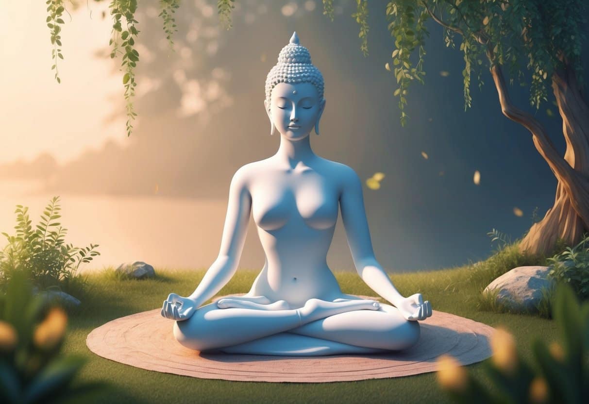 A serene figure meditates in a tranquil setting, surrounded by calming nature and soft, warm light