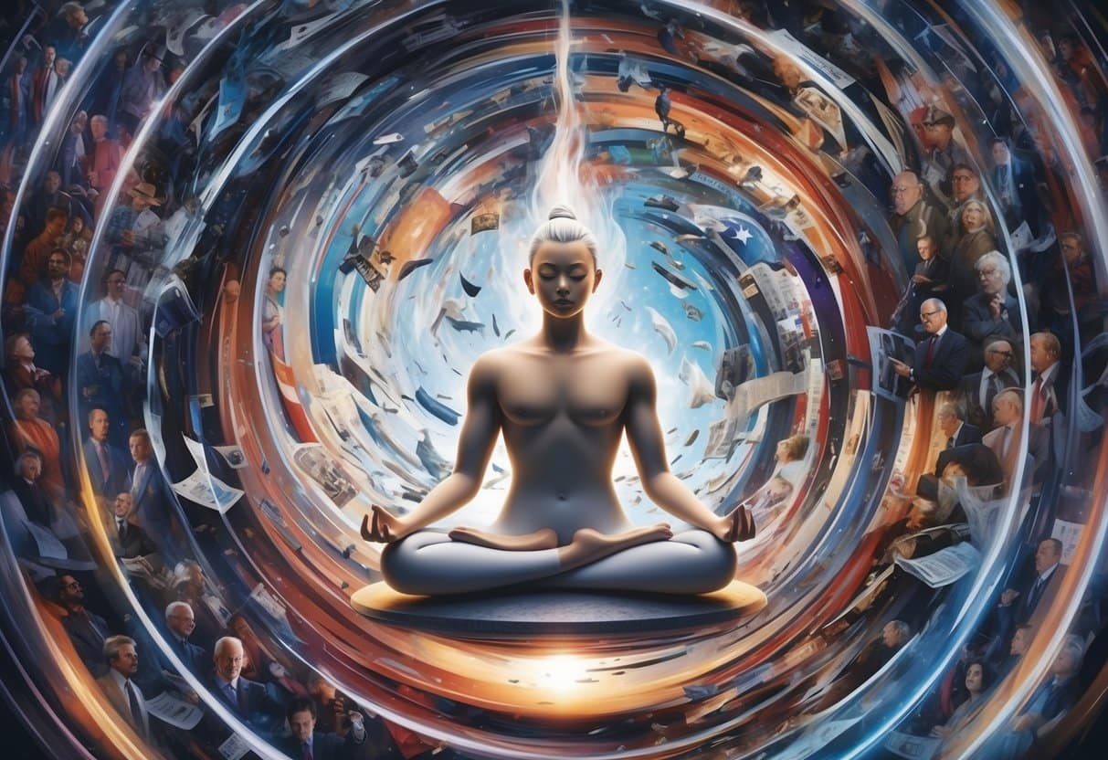 A serene figure meditates amidst a swirl of chaotic election imagery, finding peace and calm amidst the storm