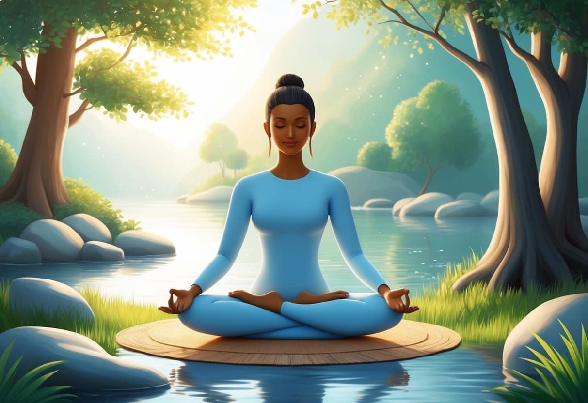 A serene figure sits cross-legged in a peaceful, natural setting, surrounded by calming elements like water, trees, and gentle sunlight