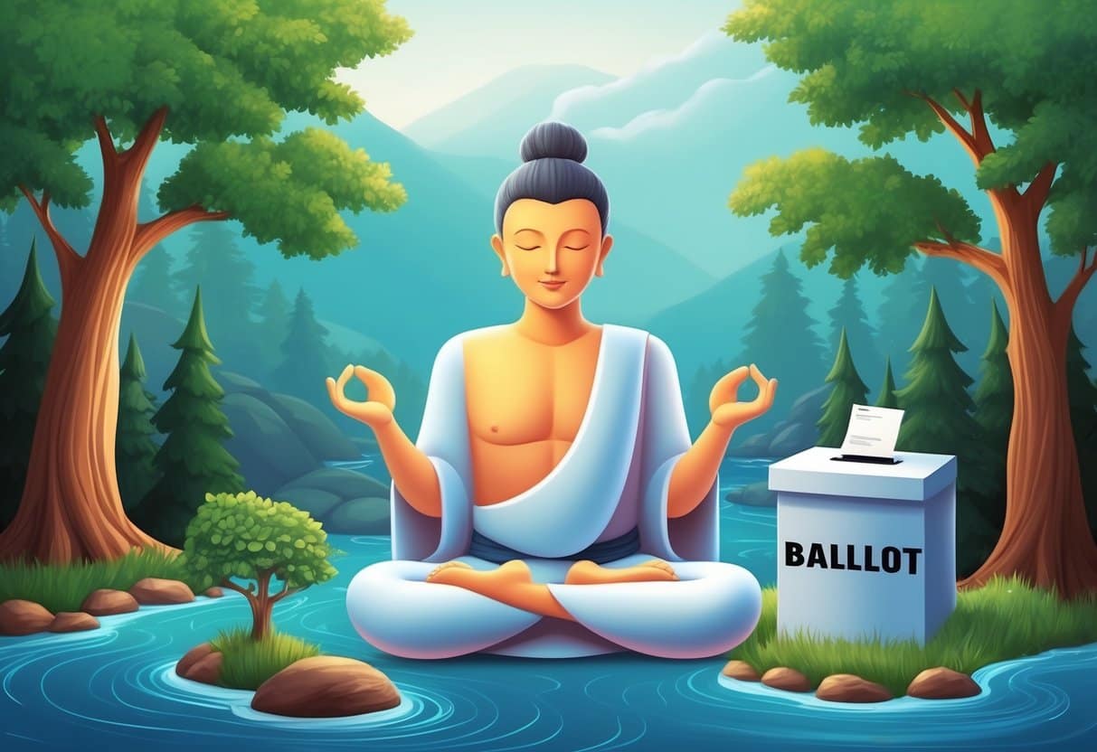A serene figure meditates in front of a ballot box, surrounded by calming nature elements like trees and flowing water