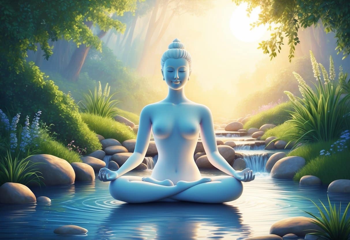 A serene figure meditating in a peaceful, nature-filled setting, surrounded by calming elements like flowing water and gentle sunlight