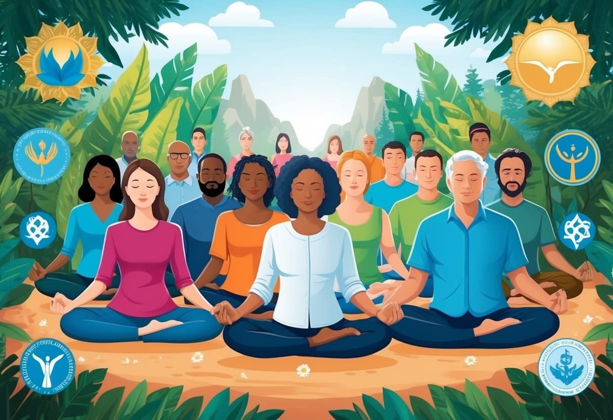 A diverse group of people meditating in a peaceful, natural setting, surrounded by symbols of political unity and harmony