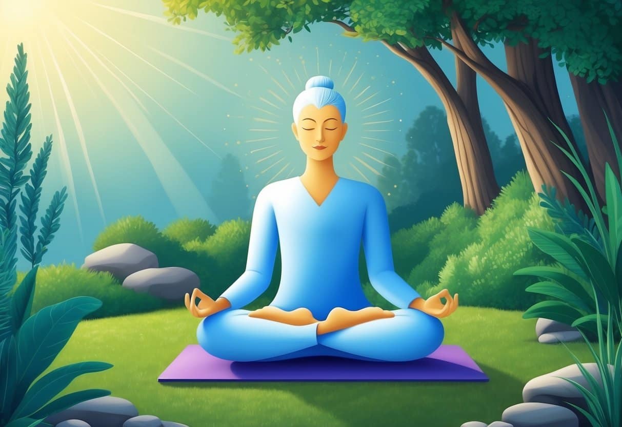 A serene figure sits cross-legged in a peaceful setting, surrounded by nature. A sense of calm and tranquility radiates from the scene, suggesting the power of meditation to alleviate election anxiety