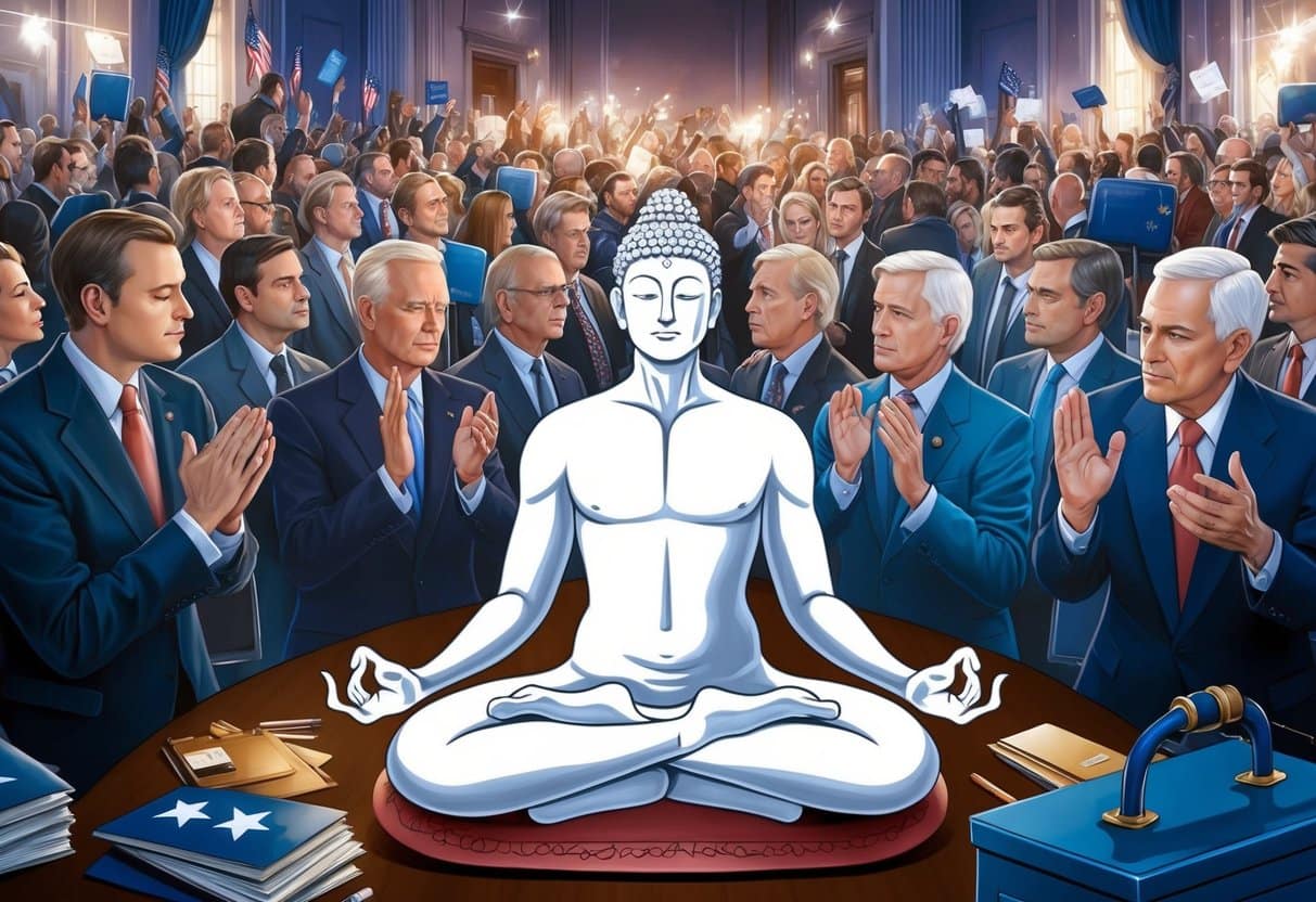 A serene figure meditates amidst a chaotic election scene, finding calm amidst the anxiety