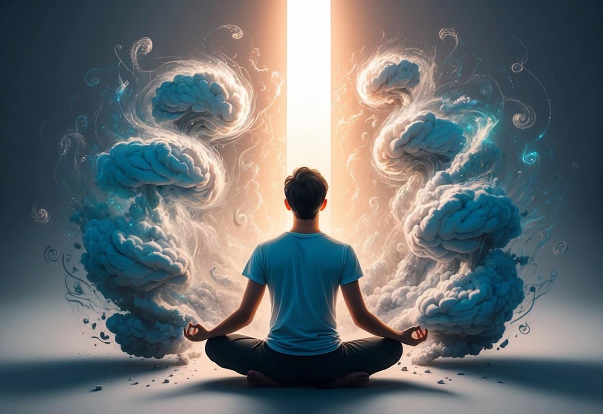 A person sitting cross-legged, surrounded by swirling thoughts and worries. A beam of light breaks through, calming the chaos