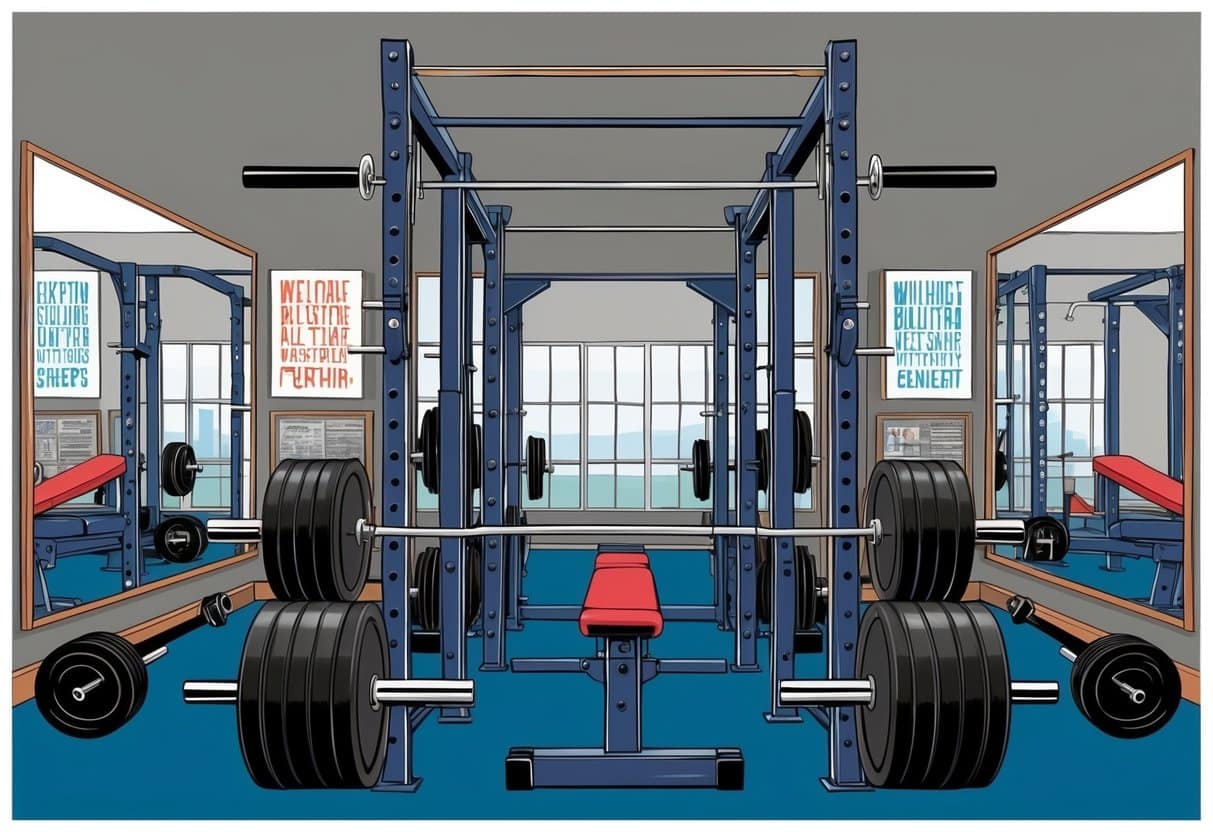 A gym with weightlifting equipment and barbells, surrounded by mirrors and motivational posters