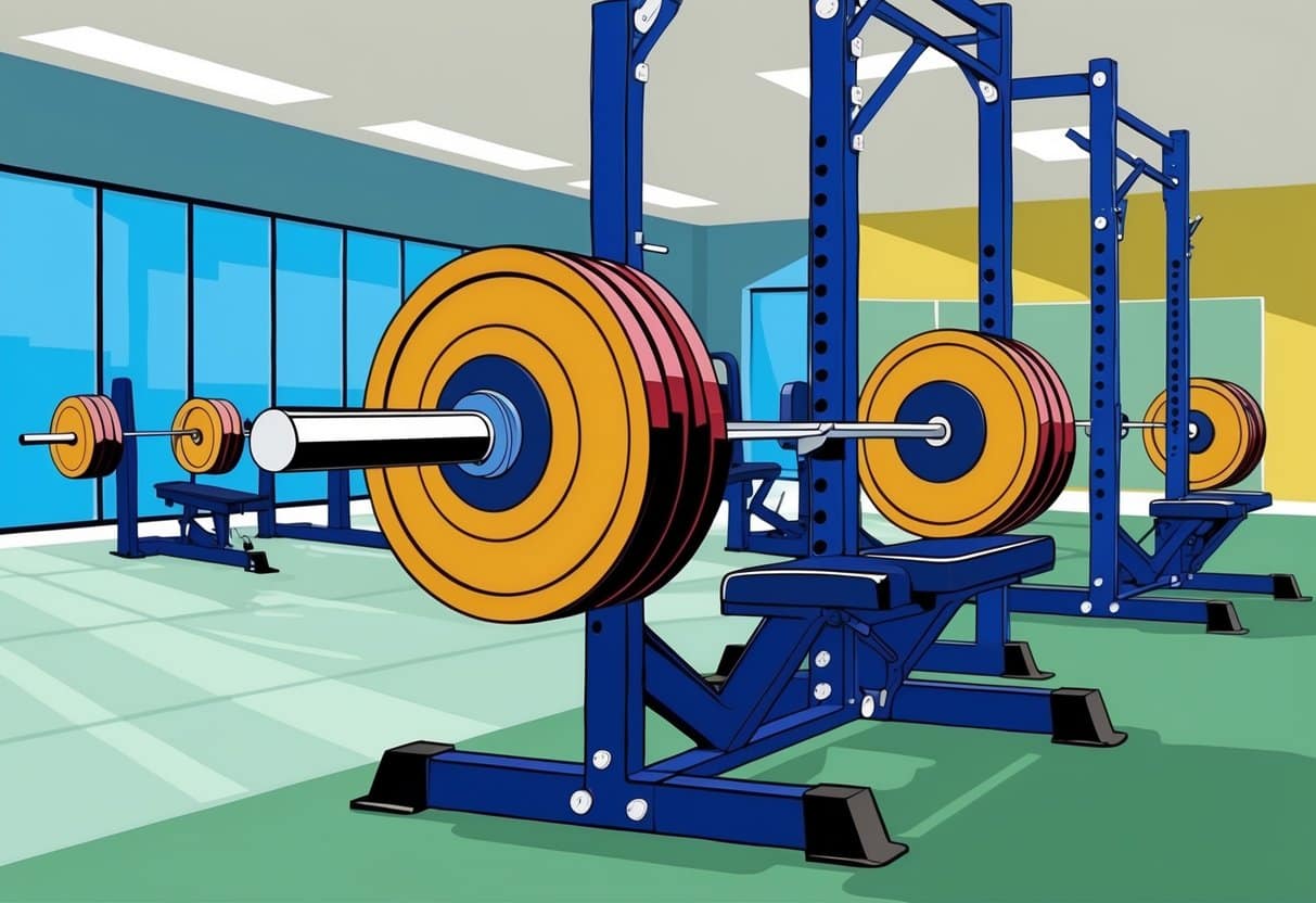 A gym with weightlifting equipment arranged in a spacious, well-lit room. A barbell loaded with heavy weights sits on a squat rack, ready for use