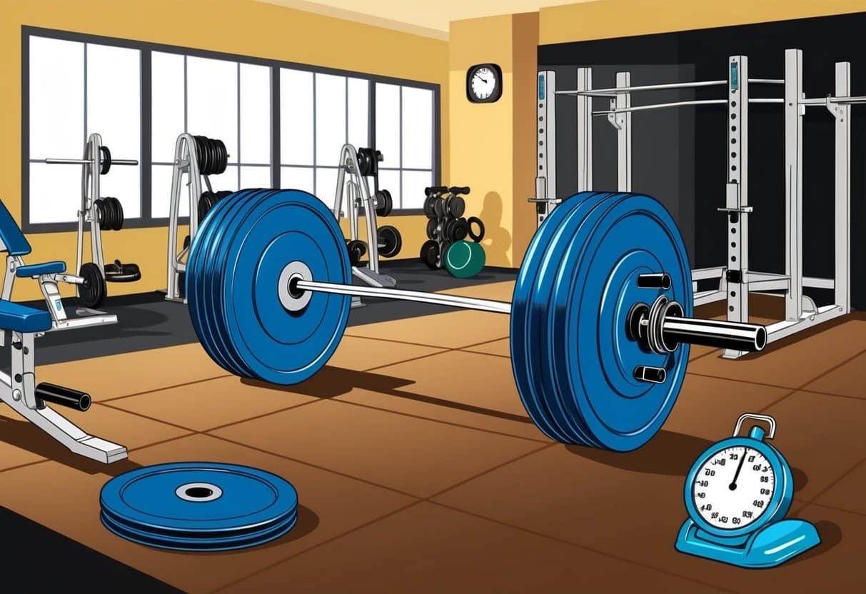 A weightlifting bar loaded with plates, surrounded by various gym equipment and a timer, set in a well-lit gym space