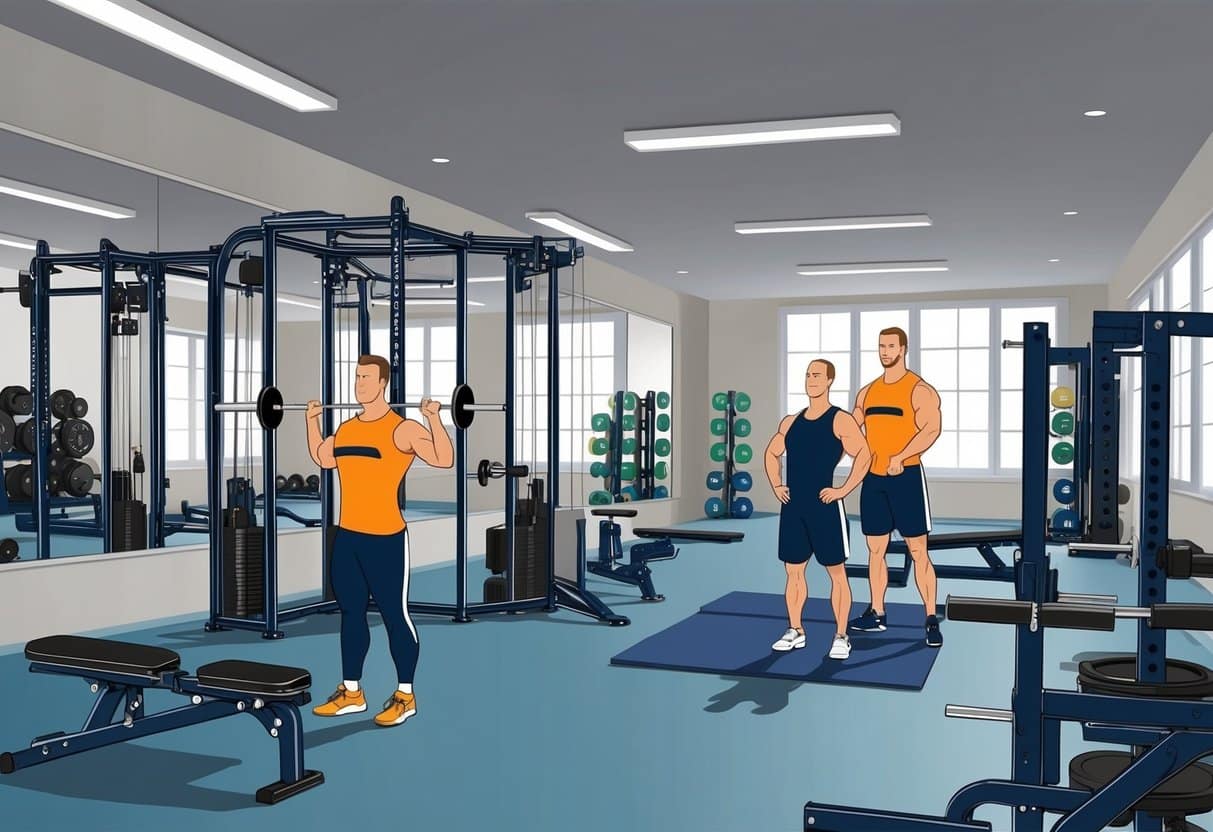 A gym with weightlifting equipment arranged in a spacious, well-lit room. A trainer guides a client through German Volume Training exercises