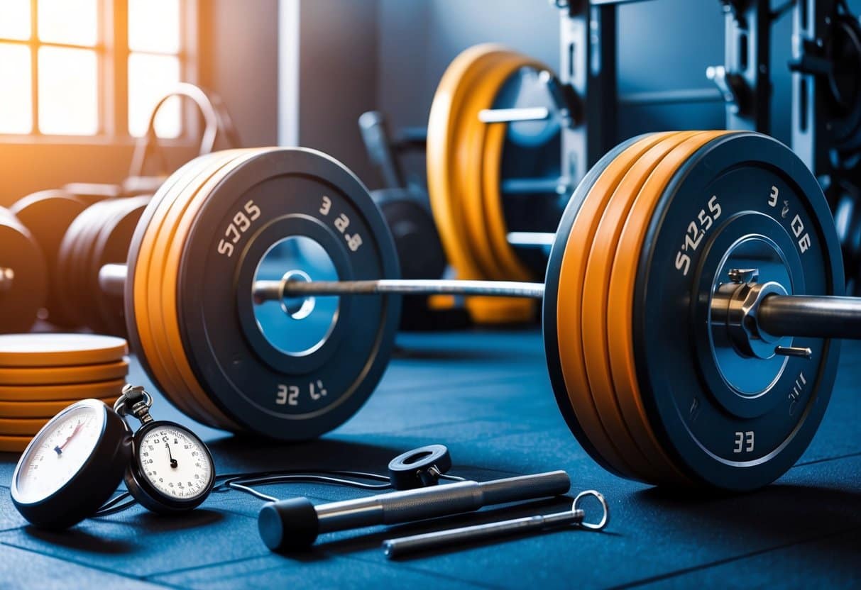 A weightlifting bar loaded with plates, surrounded by gym equipment and a stopwatch, with a focused atmosphere