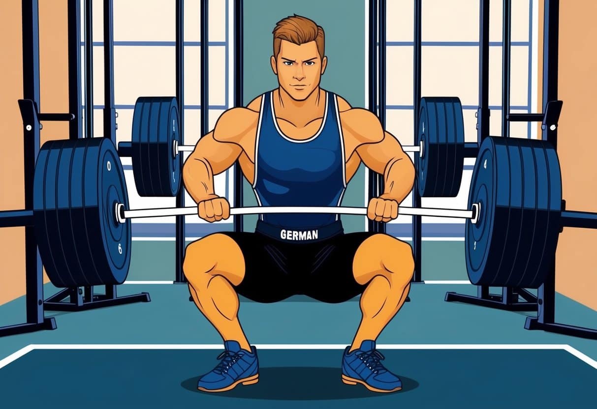 A gym with weightlifting equipment, barbells, and dumbbells. A person performing German Volume Training with a focused and determined expression
