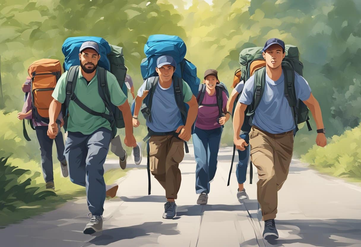 A group of people rucking with heavy backpacks while another group runs alongside