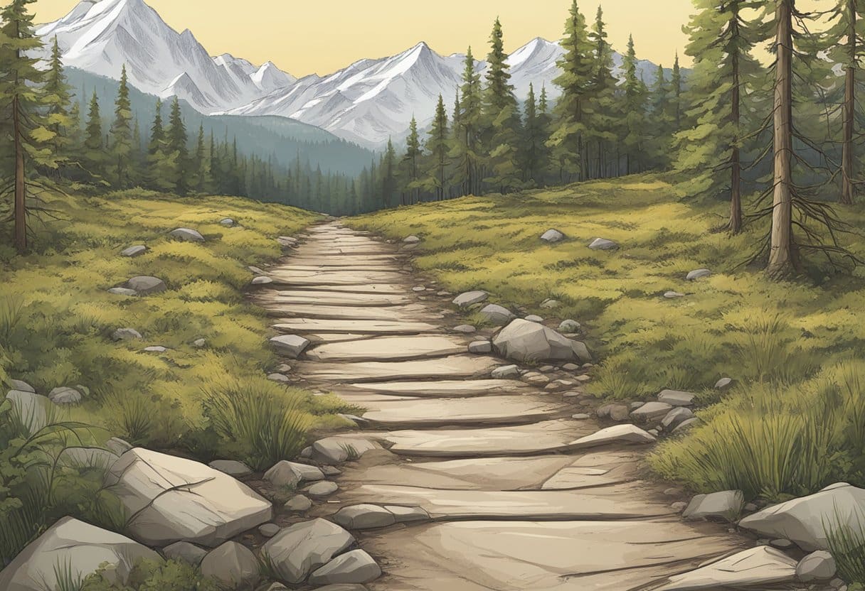 A rugged trail splits, one side showing footprints and the other with a weighted backpack