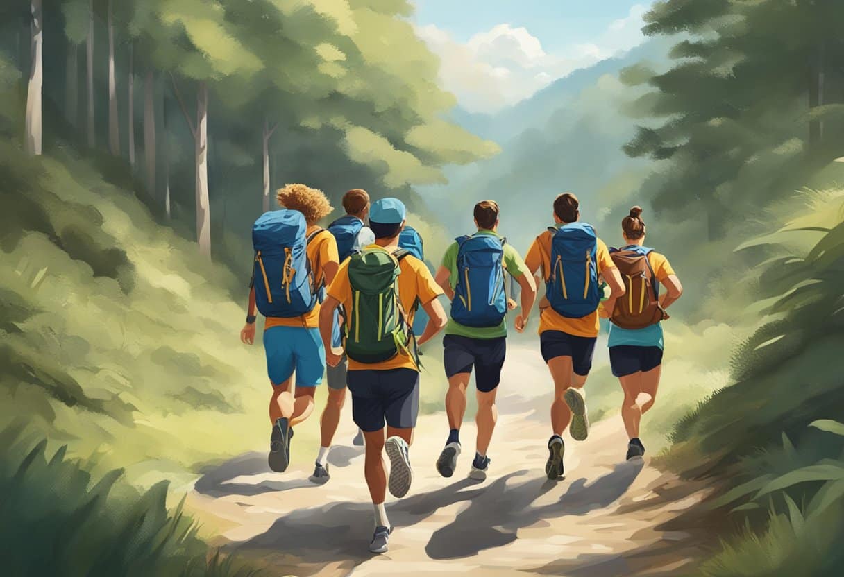 A group of runners and ruckers moving along a trail, with some carrying weighted backpacks and others running without them