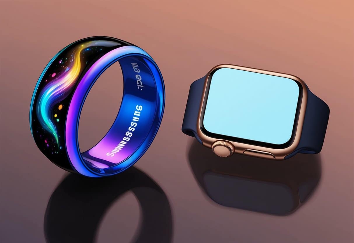 A Samsung Galaxy Ring sits next to an Apple Watch, the former glowing with a vibrant display while the latter appears neglected and outdated