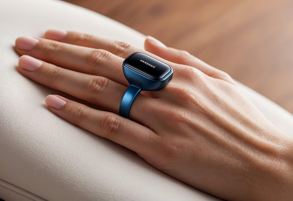 A hand holding the Samsung Galaxy Ring, with a sleek and modern design, resting on a soft, comfortable surface