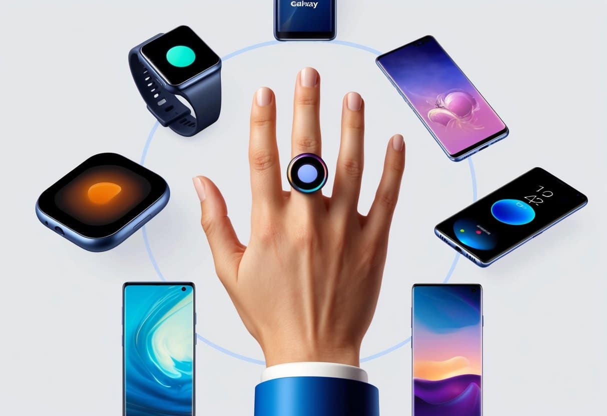 A hand holding a Samsung Galaxy Ring, surrounded by various Galaxy ecosystem devices, with a sleek and modern design