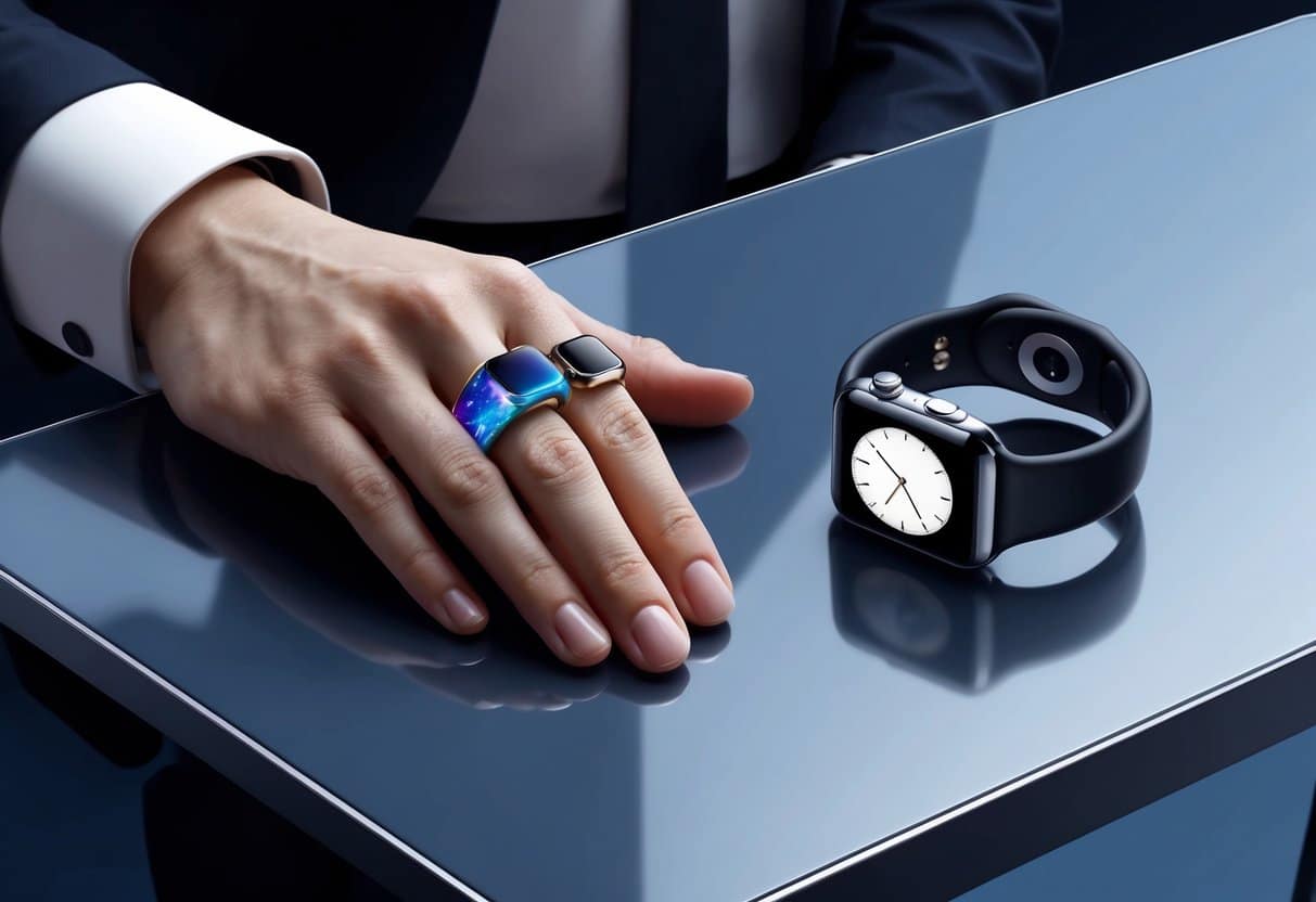 A hand holding a Samsung Galaxy Ring next to an abandoned Apple Watch on a sleek, modern table