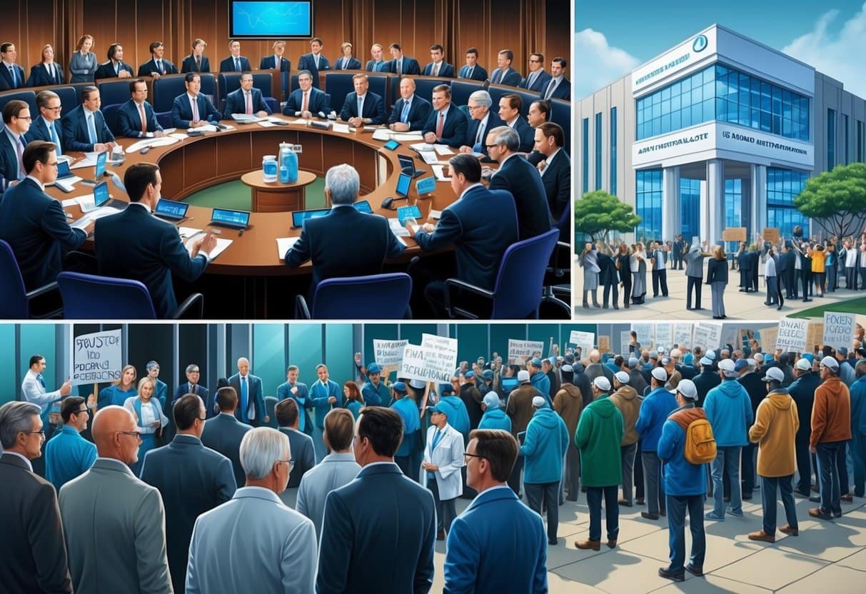 A crowded boardroom with executives debating, while a scientist works in a lab, and a group of protesters gather outside a pharmaceutical company