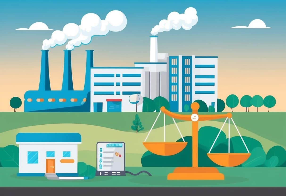 A pharmaceutical factory emitting smoke near a hospital, with a scale tipping towards money over ethics