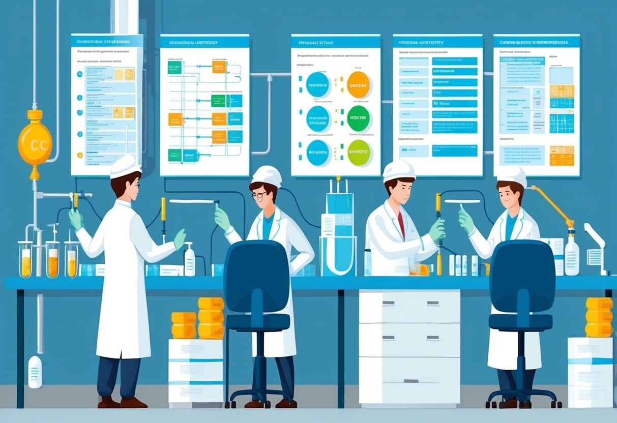 A pharmaceutical factory with workers conducting tests and research, while regulatory documents and compliance guidelines are displayed on a wall