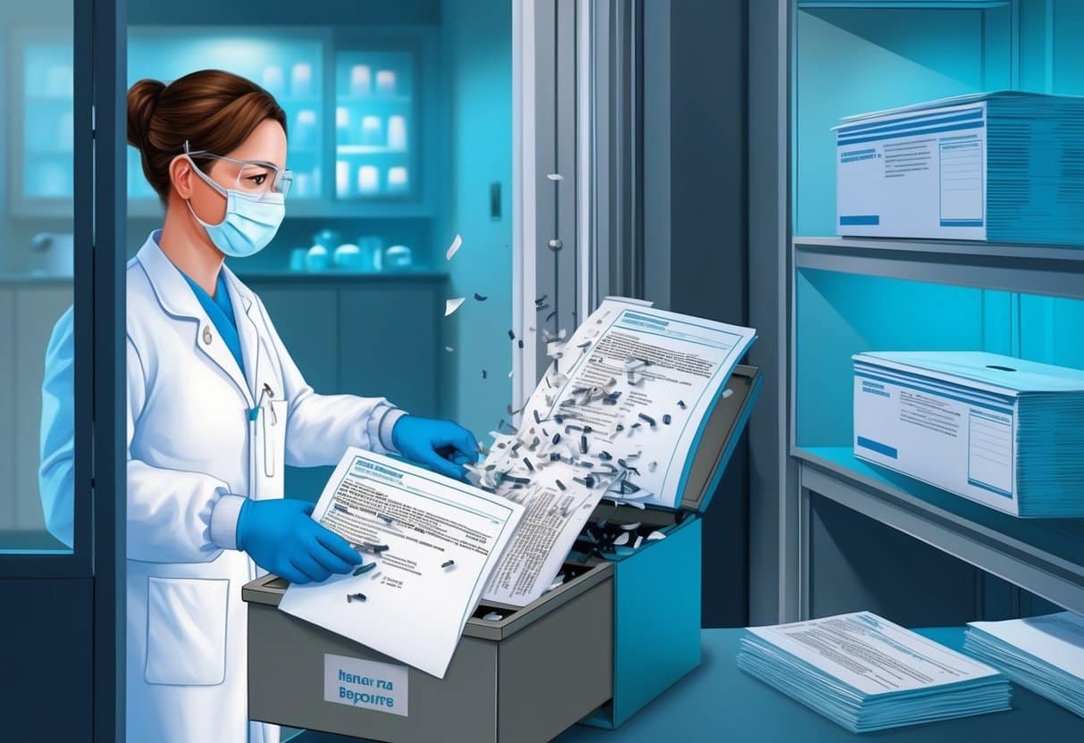 A pharmaceutical lab technician shredding confidential documents in a secure room