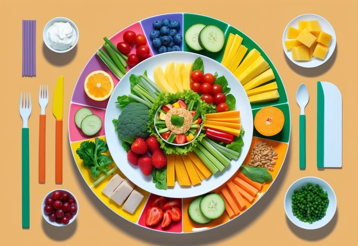 A colorful plate with a variety of fresh fruits, vegetables, lean proteins, and healthy fats arranged in an appealing and balanced manner