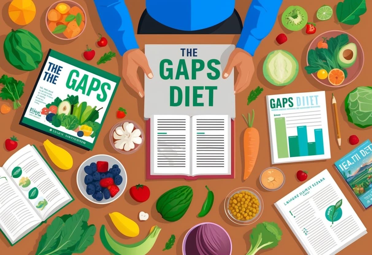 A person researching the GAPS diet, surrounded by various fruits, vegetables, and health-related books and articles