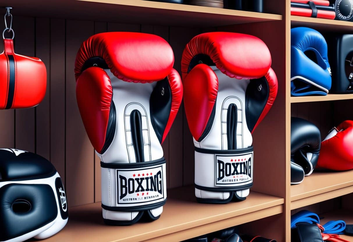 A pair of boxing gloves displayed on a shelf in a sporting goods store, surrounded by other boxing equipment and accessories