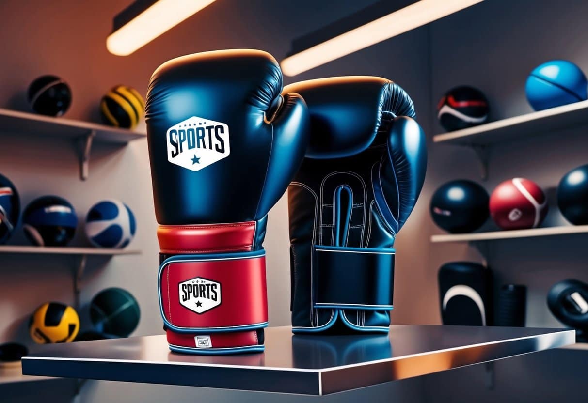 A pair of boxing gloves displayed on a shelf, surrounded by various other sports equipment. Bright colors and sleek design indicate high-quality materials