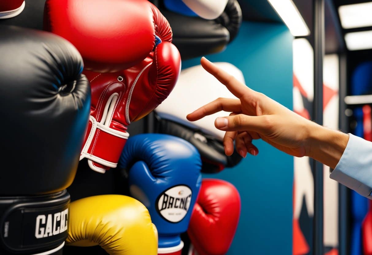A hand reaching for a display of boxing gloves in various sizes and colors