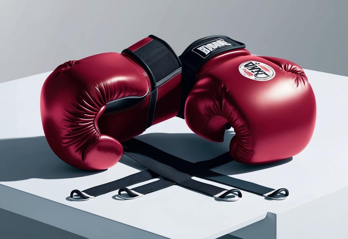 A pair of boxing gloves displayed on a clean, white surface with a variety of closure systems visible, such as velcro, laces, and hook-and-loop straps