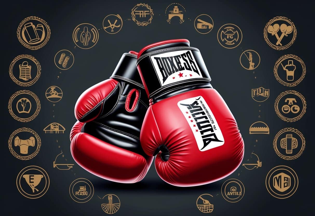 A pair of boxing gloves surrounded by various symbols representing their special features