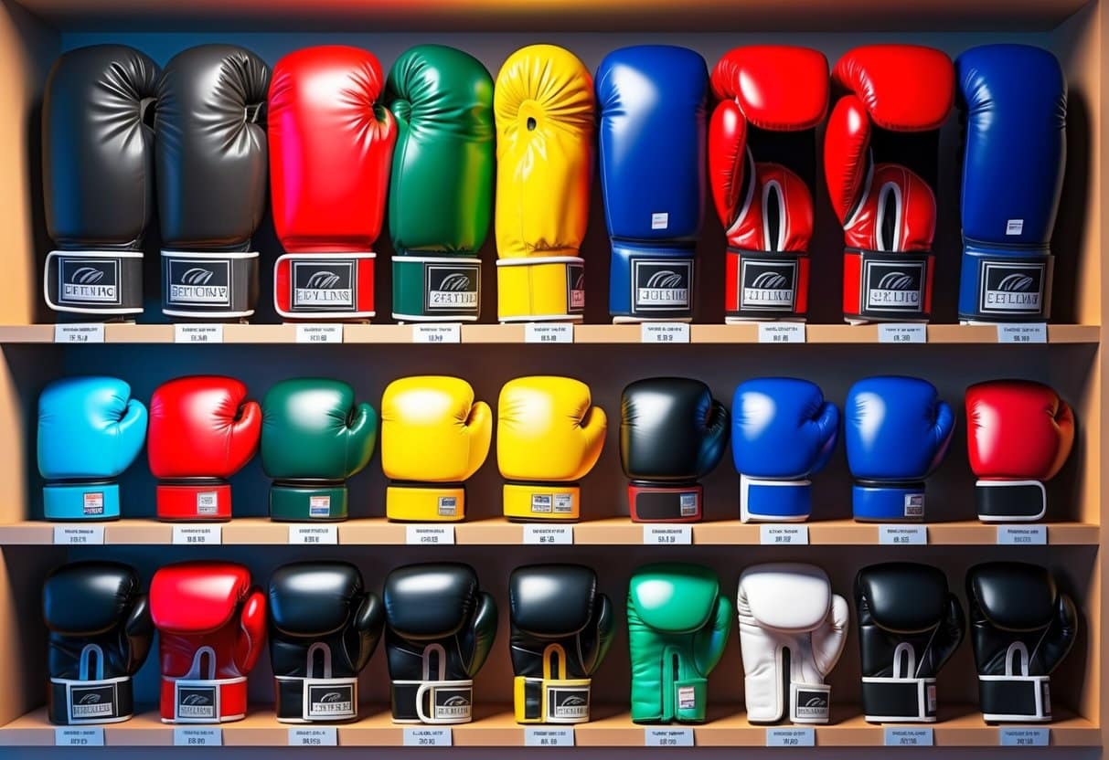 A display of various boxing gloves in different sizes, colors, and materials arranged neatly on shelves with price tags