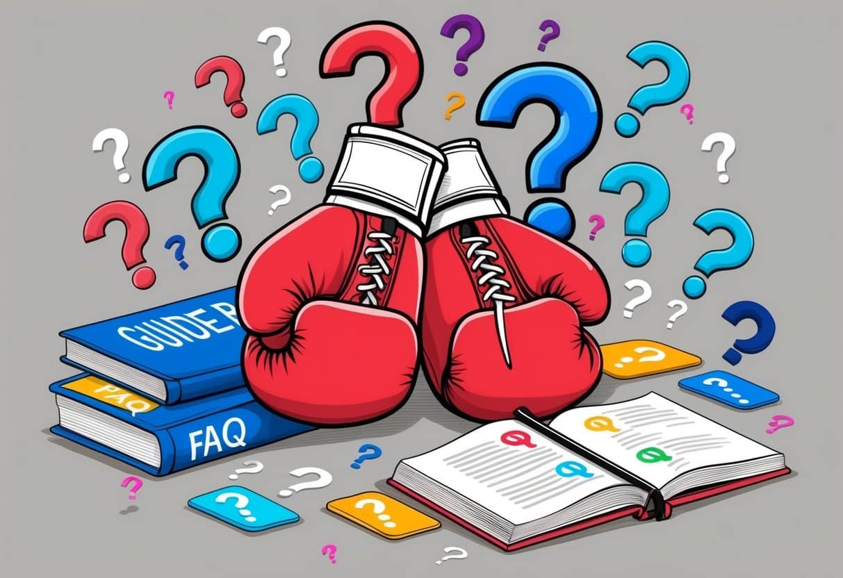 A pair of boxing gloves surrounded by a variety of question marks, with a guidebook and a FAQ section in the background