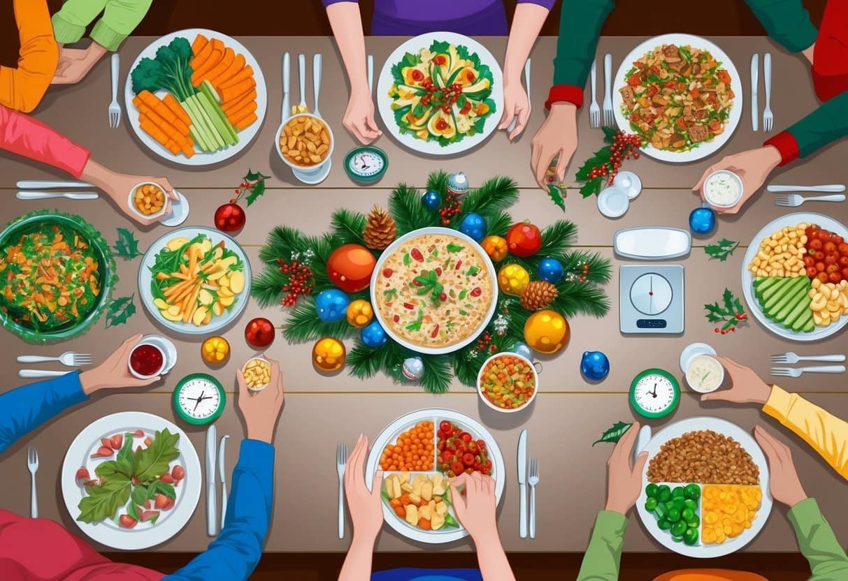 A festive dinner table with healthy food options and portion control, surrounded by cheerful holiday decorations and a scale nearby