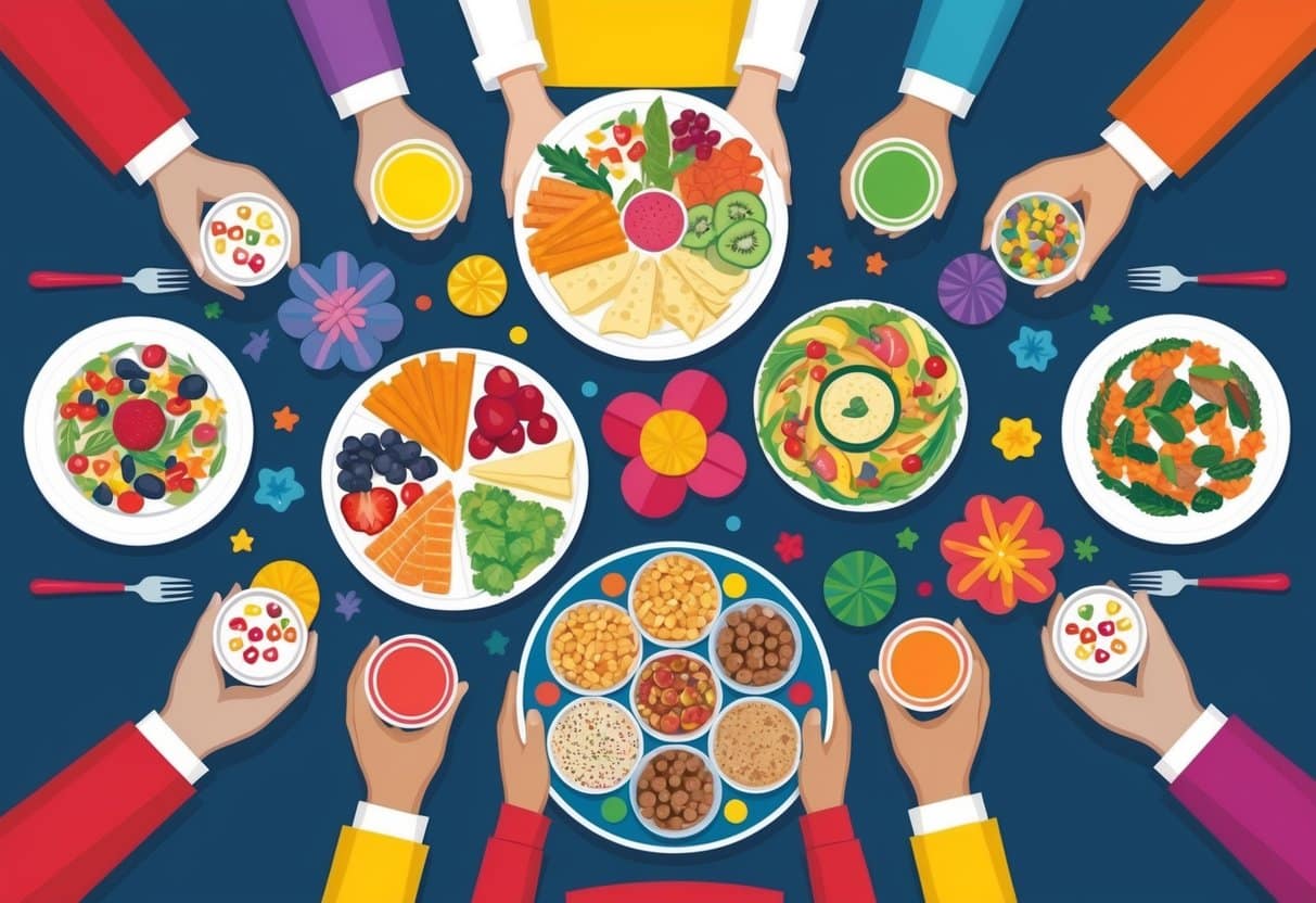 A festive table with colorful, nutrient-rich foods surrounded by cheerful decorations and a plate of portioned treats
